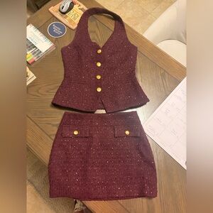 Endless Rose Maroon Skirt Set with Gold Buttons